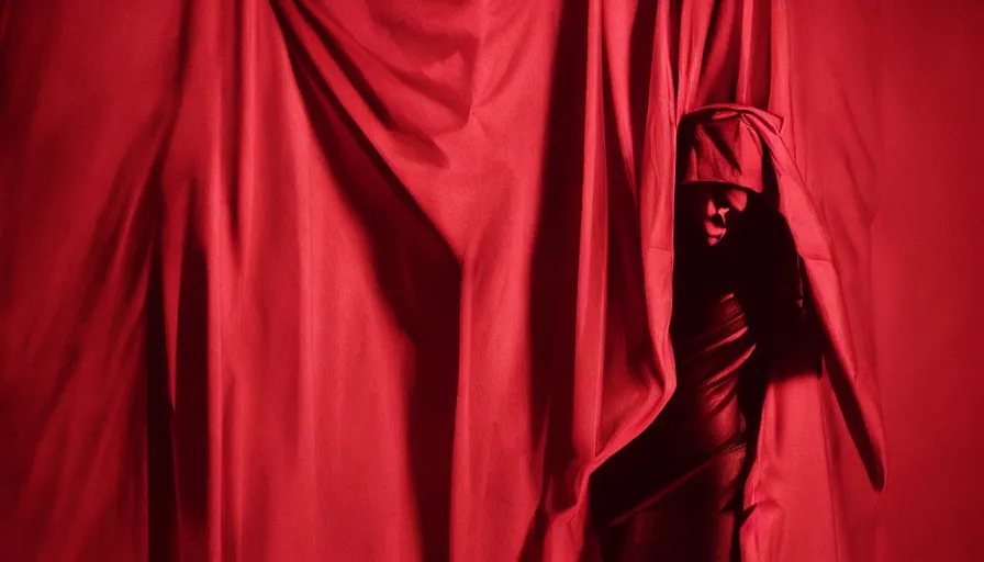 Image similar to enigmatic figure wrapped in red sheet in darkness, high contrast, hard light, digital art, rendering, cloth simulation, redshift