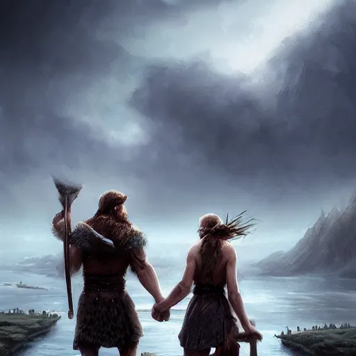 Prompt: epic portrait two viking couple holding hands and watching a city being destoryed in far distance, Blurry backround, explosions, cloudy, digital painting, artstation, concept art, soft light, hdri, smooth, sharp focus, illustration, fantasy, intricate, elegant, highly detailed, D&D, matte painting, in the style of Greg Rutkowski and Alphonse Mucha and artemisia, 8k, highly detailed, jurgens, rutkowski, bouguereau, pastoral, rustic, georgic