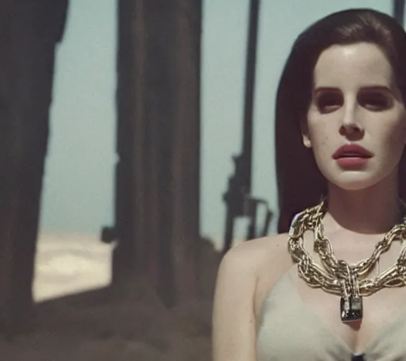 Image similar to a movie still of lana del rey as a handcuffed prisoner with a chain around her neck in the movie star wars