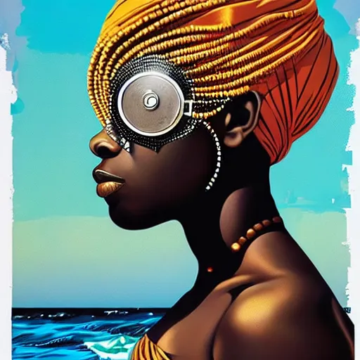 Image similar to portrait of african woman :: side profile :: in ocean :: clockwork details :: gold :: blood and horror :: by marvel and Sandra Chevrier