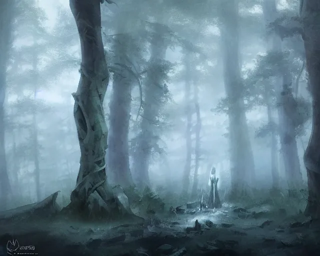 Image similar to a cloaked adventurer in foggy, ghostly woods. Dangerous, foggy, cloudy, mysterious, ominous, threatening, adventurous, ghostly. By Makoto Shinkai, Stanley Artgerm Lau, WLOP, Rossdraws, James Jean, Andrei Riabovitchev, Marc Simonetti, krenz cushart, Sakimichan, trending on ArtStation, digital art.