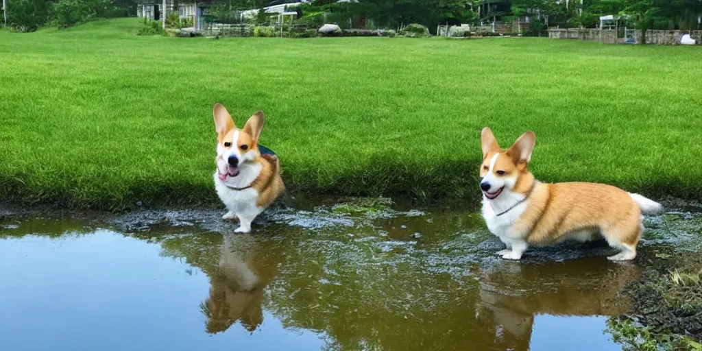 Image similar to A corgi by a pond, there is blue sky, there is water splash, the atmosphere is cheerful, the colors are bright, high picture quality, by Makoto Shinkai