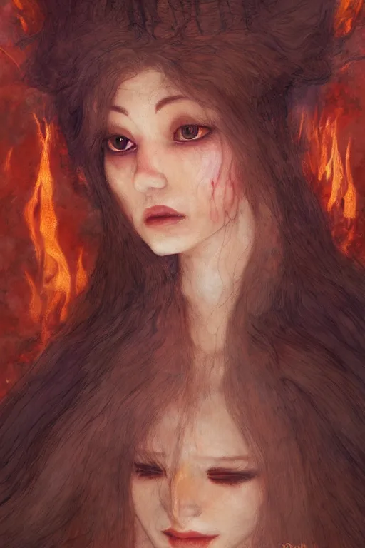 Prompt: portrait of a princess, painting by brian froud, john bauer, michael wellen, john stephens, ilya kuvshinov, in fiery hell dimension, demonic, flames, tone mapping, trending on artstation