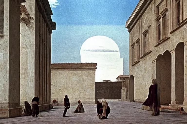 Image similar to a scene from the movie la felicita ( 1 9 7 1 ) by luchino visconti with mastroianni entering a scifi!!!! city reminiscent of the ideal city by piero della francesca. technicolor, cinematic, 5 0 mm, highly detailed