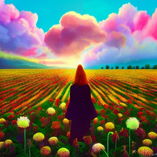 Image similar to giant dahlia flower as head, full body girl standing in a flower field, surreal photography, sunrise, dramatic light, impressionist painting, colorful clouds, digital painting, artstation, simon stalenhag