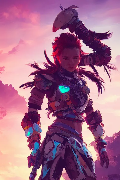 Image similar to combination suit armor aloy horizon forbidden west horizon zero dawn radiating a glowing aura global illumination ray tracing hdr fanart arstation by ian pesty and alena aenami artworks in 4 k tribal robot ninja mask helmet backpack