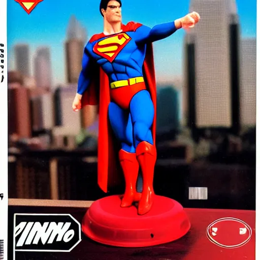 Prompt: professional toy photography. Superman action figure against a city backdrop. Dynamic Macro 1992. Cover of Nintendo Power