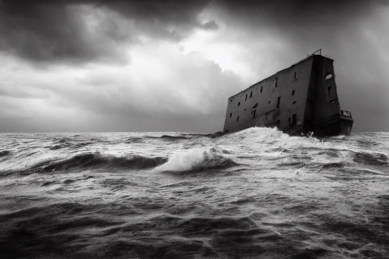 Image similar to danila tkachenko, low key lighting, a ship wreck, an abandoned high soviet apartment building in the middle of the stormy ocean, storm, lighning storm, crashing waves, dramatic lighting