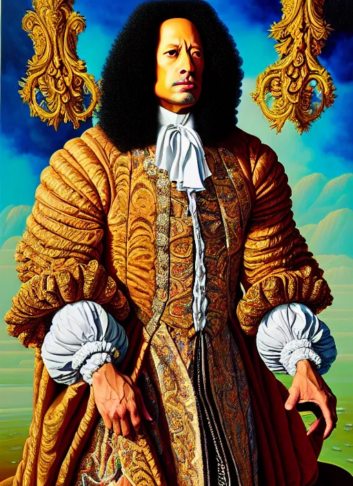 Image similar to beautiful oil painting, full length portrait of dwayne Johnson as Louis xiv in baroque coronation robes 1701, hyacinthe rigaurd , Dan Mumford, Dan Mumford, Alex grey, highly detailed , lsd visuals, dmt fractal patterns, visionary art, psychedelic art, ornate, vaporwave, baroque, Greg rutkowski