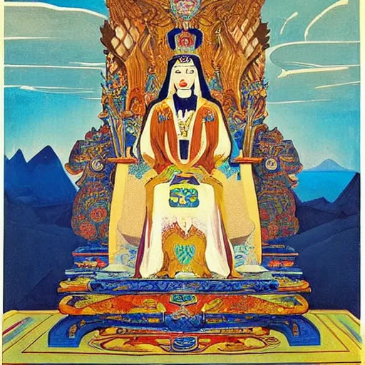 Image similar to a polish poster art representing a portrait of a queen on a carved stone throne by nicholas roerich, by gustave moreau, by james hawe, by yoshitaka amano, by georgia o keeffe, oil painting