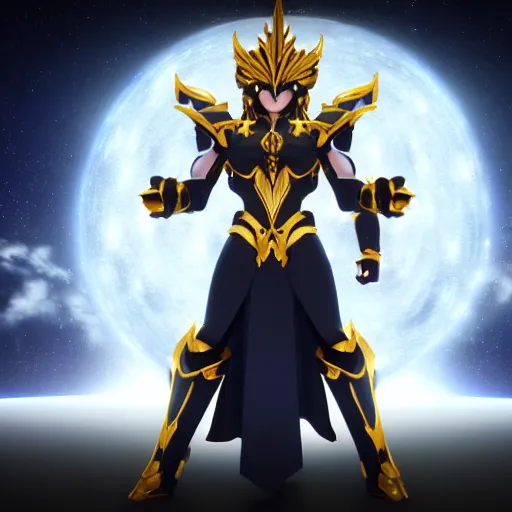 Prompt: full shot of angry darkness Saint Seiya knight at moonlight, wearing golden Cat armor, detailed, unreal engine 4k volumetric light, fog,