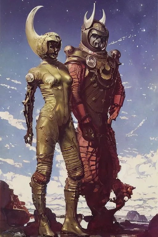 Prompt: full body portrait of gigantic viking demon standing beside elegant space woman in latex spacesuit, by norman rockwell, jack kirby, jon berkey, earle bergey, craig mullins, ruan jia, jeremy mann, tom lovell, marvel, astounding stories, 5 0 s pulp illustration, scifi, fantasy, artstation creature concept