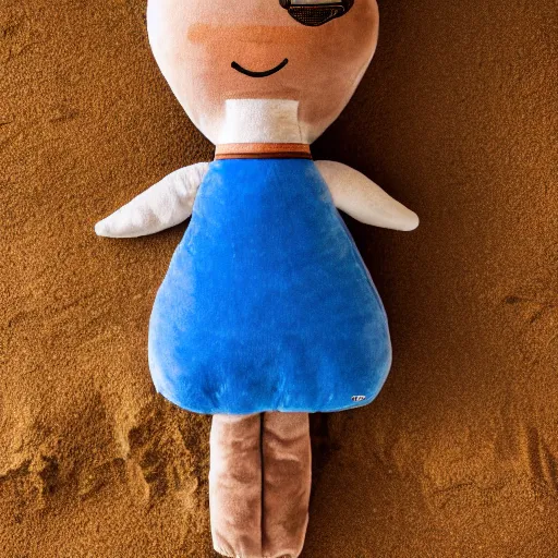 Prompt: blue'snappy gifts'human - sized plush doll, in the desert, holding gift, happy atmosphere, high detail, 8 k