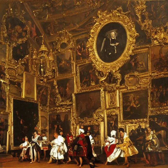 Image similar to fine art, oil on canvas baroque style by diego velasquez. the interior of the royal palace. fine art in the walls and