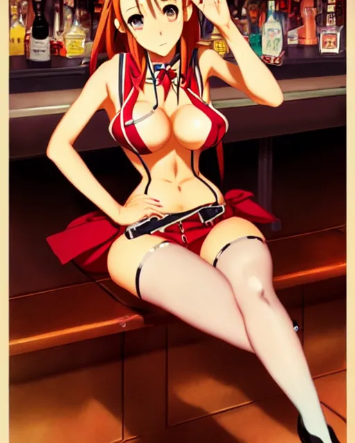 Prompt: pinup photo of asuna from sao in the crowded pub, hot asuna by a - 1 pictures, gil elvgren, james jean, enoch bolles, glossy skin, pearlescent, anime, very coherent, sao style anime, flat