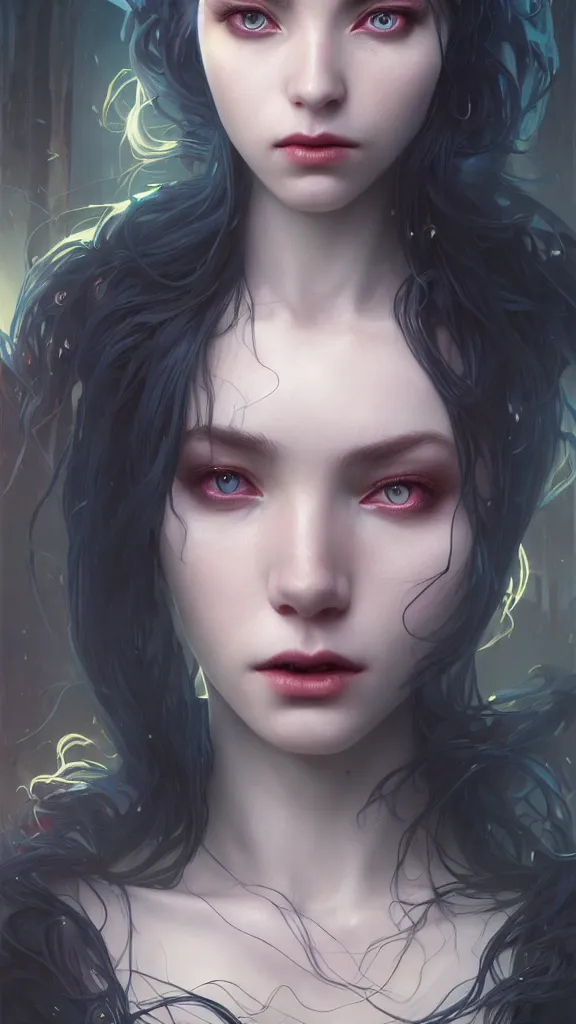 Image similar to highly detailed vfx portrait of a beautiful vampire girl, wonderful eyes, three - dimensional rendering, unreal engine, alexey gurylev, greg rutkowski, loish, rads, beeple, makoto shinkai and lois van baerle, rossdraws, tom bagshaw, alphonse mucha, global lighting, detailed and complex environment