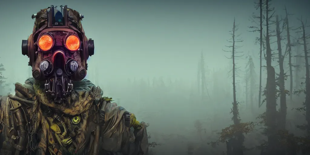 Image similar to woodsman wearing a steampunk and neonpunk mechanical fluorescent mystical animal mask in strange misty mountain landscape. fight with night monsters, night, realism in style of fornite game, 4 k, octane render, award winning photograph, epic cinematic shot, perfectly defined features, ambient occlusion