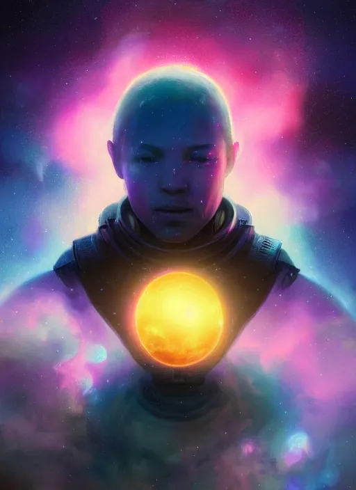 Image similar to epic portrait cinematic shot an yellow planet with a pink atmosphere orbiting around a blue star in space, glowing, stars, nebuale, atmospheric, fine details. night setting. realistic shaded lighting poster by craig mullism, artgerm, jeremy lipkin and michael garmash, unreal engine, radiant light, detailed and intricate environment, digital art, trending on art station,