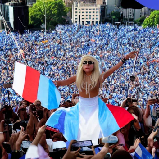 Image similar to Lady Gaga as president, Argentina presidential rally, Argentine flags behind, bokeh, giving a speech, detailed face, Argentina