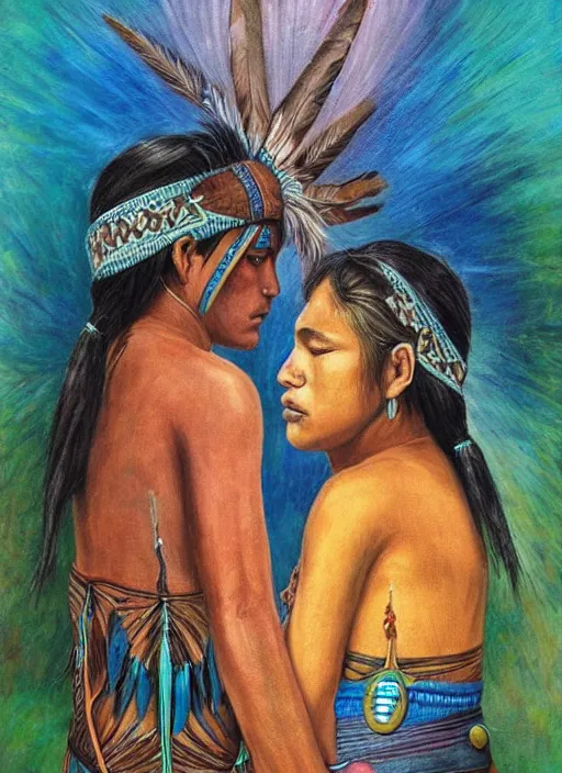 Image similar to two indigenous people trusting each other, fantasy art