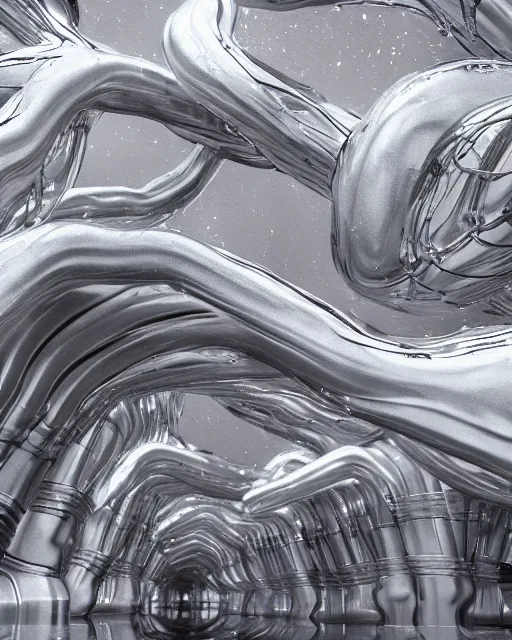 Prompt: huge organic construction with fluid metal parts floating in void hallucinating, creative VFX, no text, rendered with octane, hyper realistic, hyper detailed, surreal, futuristic, 8k