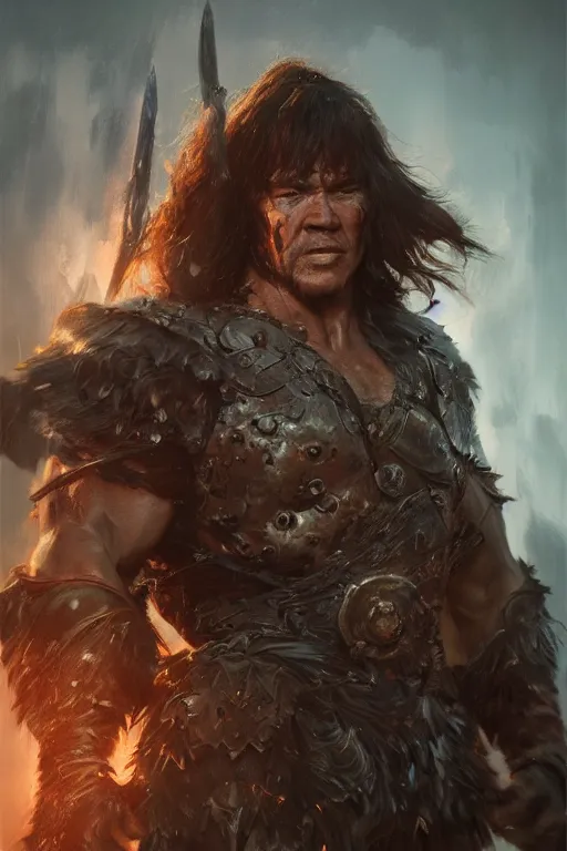 Image similar to Conan the Barbarian, portrait, powerful, intricate, elegant, volumetric lighting, digital painting, highly detailed, artstation, sharp focus, illustration, ruan jia