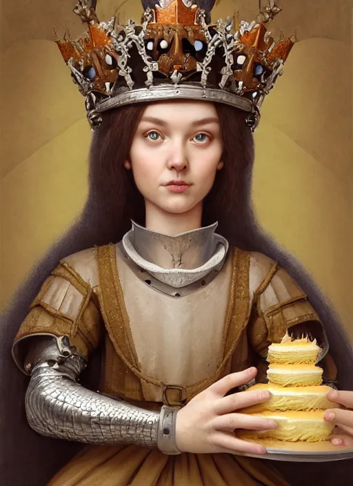 Image similar to highly detailed closeup, low - poly hands, portrait of a medieval cleric wearing a crown and sitting on a throne eating cakes, unreal engine, nicoletta ceccoli, mark ryden, earl norem, lostfish, global illumination, god rays, detailed and intricate environment