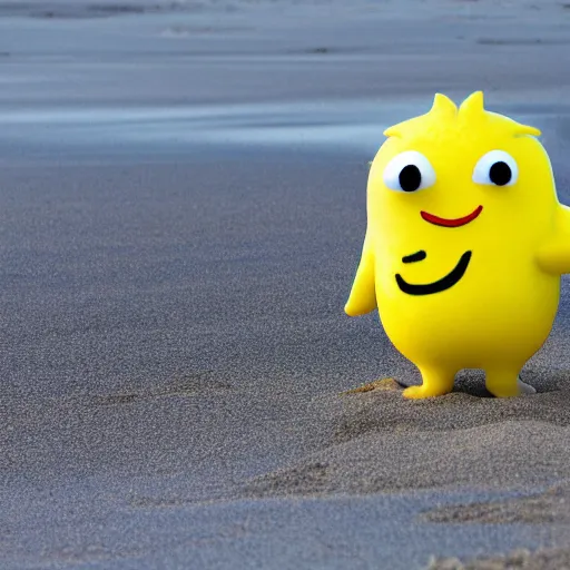 Prompt: lemon character walking in a beach