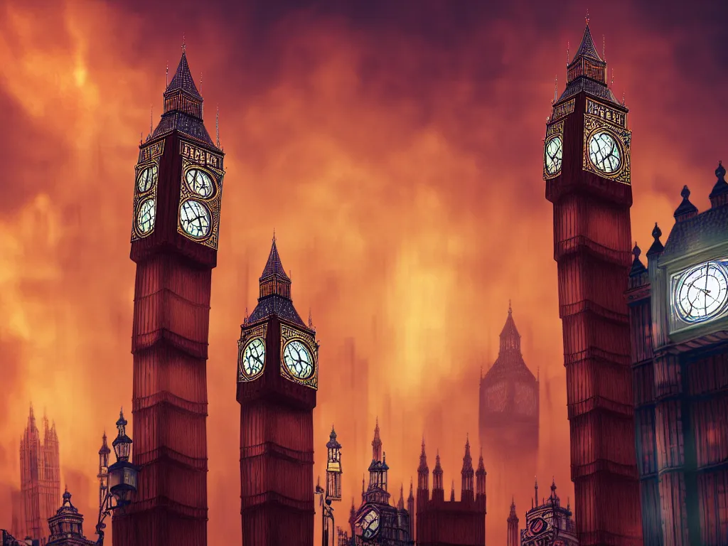 Prompt: an ancient beautiful cyborg of the elder gods in the city of London, a giant beautiful cyborg with glowing eyes in London with Big Ben in the background, westminster, colourful, dramatic lighting, golden hour, very detailed octane render very realistic beautiful