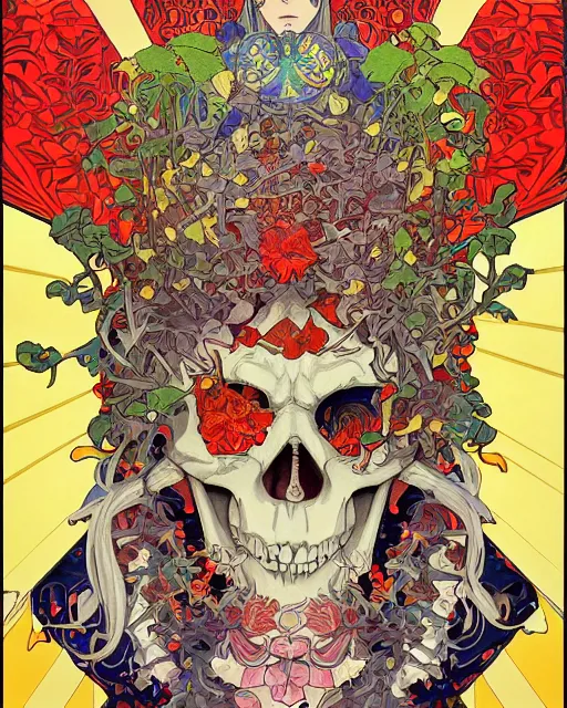 Image similar to anime manga skull art surrounded by varities of superhot chili peppers, cell shading, voronoi, fibonacci sequence, sacred geometry by Alphonse Mucha, Moebius, hiroshi yoshida, Art Nouveau, colorful, ultradetailed, vivid colour, 3d