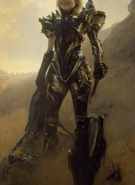 Image similar to smiling young blonde woman wearing a simple black armour, by gaston bussiere, bayard wu, greg rutkowski, giger, maxim verehin, greg rutkowski, masterpiece, sharp focus, cinematic lightning