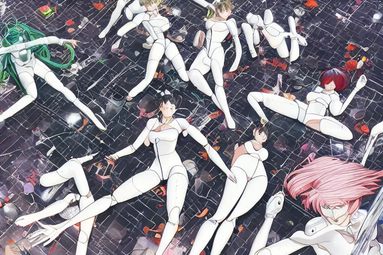 Prompt: a nice illustration of a group of female androids' lying scattered over an abstract, empty, white floor, by masamune shirow, hajime sorayama and katsuhiro otomo, view from above