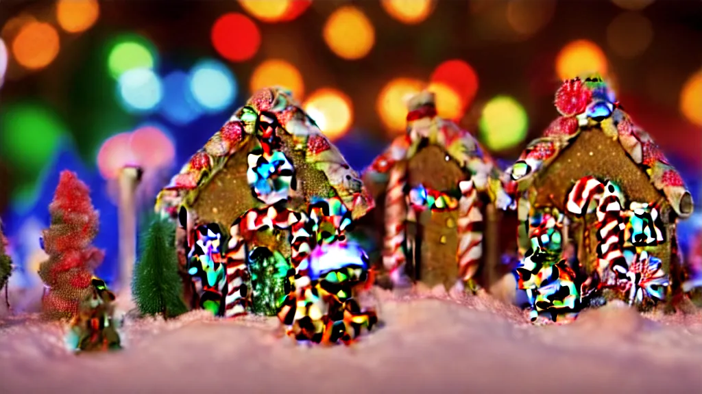 Prompt: closeup of colorful miniature gingerbread house village at night, gingerbread people, candy canes, forest, christmas, snow, bokeh, depth of field 1 0 0 mm, cinematic scene, studio quality, visually stunning, unreal engine, octane render