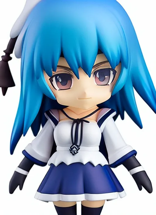 Image similar to nendoroid anime beautiful female witch with long, blue hair and green eyes, pretty symmetrical face, fullbody, white robes blue skirt, anime, nendoroid,