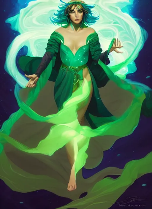 Prompt: style artgerm, joshua middleton, elizabeth hurley as a mage wearing green pelt robes, blue hair, swirling water cosmos, fantasy, dnd, cinematic lighting