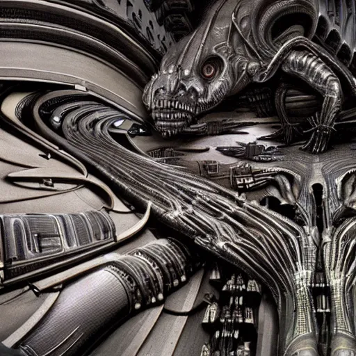 Image similar to highly advanced futurescape, intricate, high detailed, elegant composition, 8k, 144mm full shot, cinematic :: H.R. Giger ::