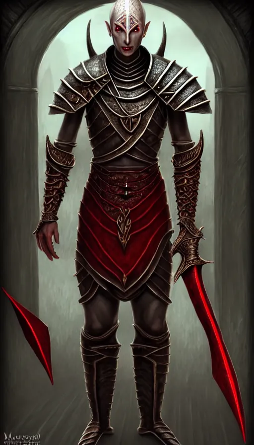 Prompt: hyperrealistic full body imsage of morrowind dunmer male nerevarine in front of balmora, red eyes, 3 / 4 portrait, symmetrical face, handsome face, full body dnd character portrait, medieval armor, morrowind armor, oblivion armor, skyrim armor, eso armor, intricate, highly detailed, elegant, 4 k, artstation, deviantart