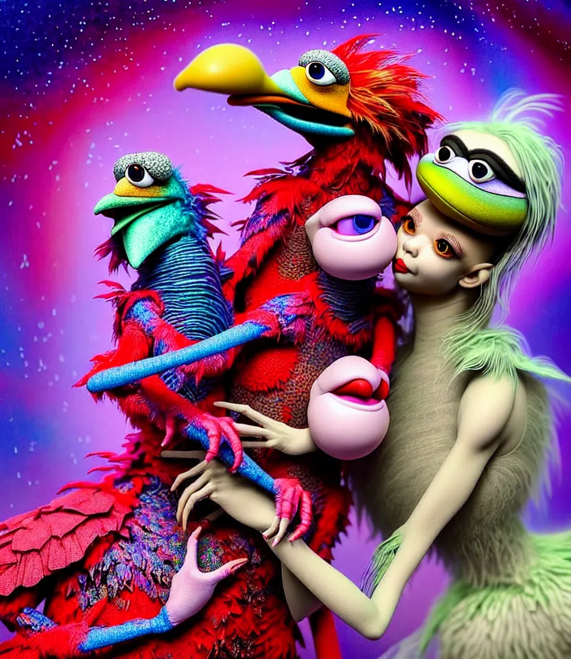 Prompt: hyper detailed 3d render like a Oil painting - kawaii portrait of hopeful lovers hugging tight or kissing pecking adorably Aurora (a beautiful girl skeksis muppet fae princess protective playful expressive acrobatic from dark crystal that looks like Anya Taylor-Joy) seen red carpet photoshoot in UVIVF posing in scaly dress to Eat of the Strangling network of yellowcake aerochrome and milky Fruit and His delicate Hands hold of gossamer polyp blossoms bring iridescent fungal flowers whose spores black the foolish stars by Jacek Yerka, Ilya Kuvshinov, Mariusz Lewandowski, Houdini algorithmic generative render, golen ratio, Abstract brush strokes, Masterpiece, Edward Hopper and James Gilleard, Zdzislaw Beksinski, Mark Ryden, Wolfgang Lettl, hints of Yayoi Kasuma and Dr. Seuss, Grant Wood, octane render, 8k