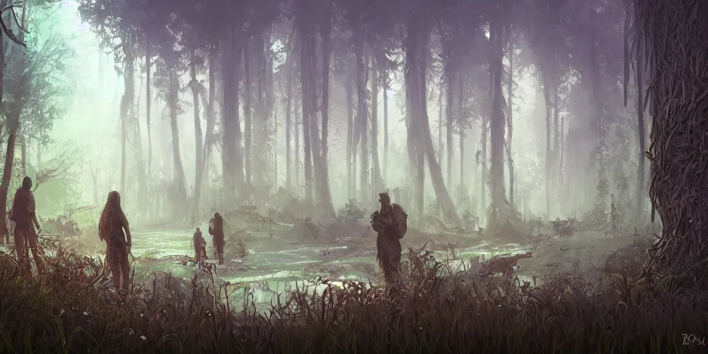 Image similar to reed - people in futuristic spiritual mystical post apocalyptic swampy forest in dagestan drawn by ron gilbert, dim painterly volumetric aquatic lighting, scenic, beautiful, crisp, artstation, highly detailed