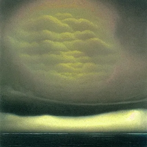 Image similar to thunderstorm hitting ocean made by zdzisław beksinski