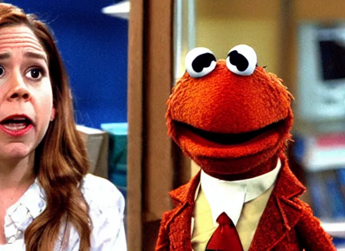 Image similar to film still of muppet!!!!! pam beesly!!!! as a muppet muppet muppet as a muppet in the tv show the muppet office