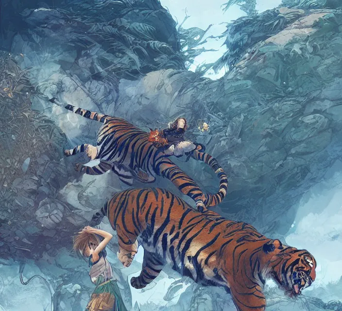 Prompt: a girl fighting a tiger, full shot, visible face, ambient lighting, detailed, art by ayami kojima, makoto shinkai, kilian eng