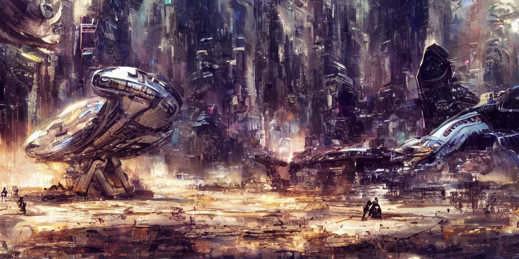 Image similar to hi - tech alien space ship crashed on dystopian earth, nyc 2 0 7 7, detailed, sharp focus, brush strokes, technicolor, by john berkey, craig mullins.