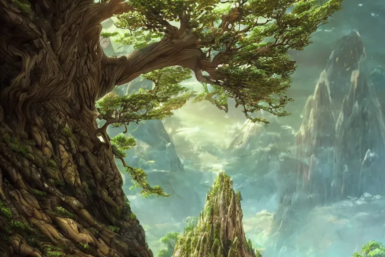 Image similar to A magical tree viewed from the outside, texture, intricate, details, highly detailed, masterpiece, architecture, building, trending on artstation, focus, sharp focus, concept art, digital painting, fantasy, sunny, day, midday, in the style of Avatar the Last Airbender