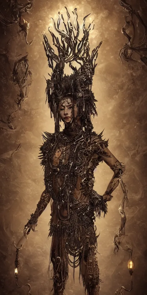 Image similar to full body and head , spiked black hair character design of realistic asian Sumerian Death Goddess ivory skin runic icons + mystical symbols, with small bleached bones covering vest and flowing electricity and smoke , fantasy, intricate, elegant, highly detailed , peter mordenbacher,Mike Winkelmann, ultra realistic, intricate, epic lighting, 8k , unreal engine 5, ultraviolet colors