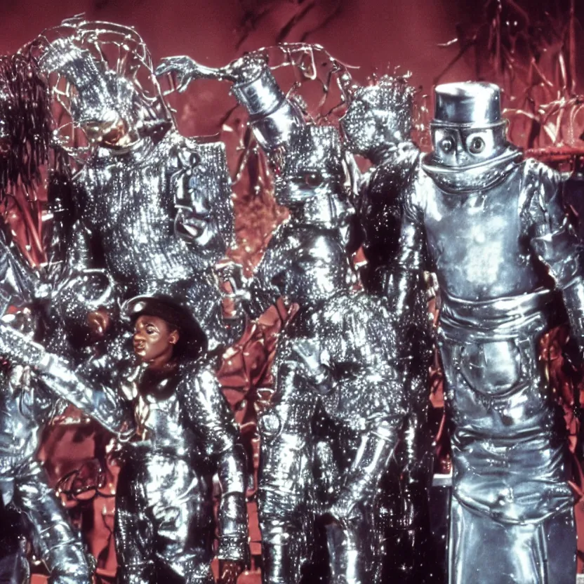 Image similar to a still from the movie the wiz the movie, futuristic cyborg tin man, happy singing & dancing, 4 k, highly detailed, award winning, look at all that detail!