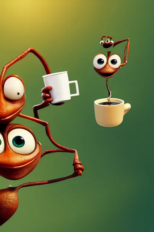 Prompt: a funny ant character with big eyes holding one cup of coffee on top of a leaf at a sunny morning. pixar disney 4 k 3 d render movie oscar winning trending on artstation and behance. ratatouille style.