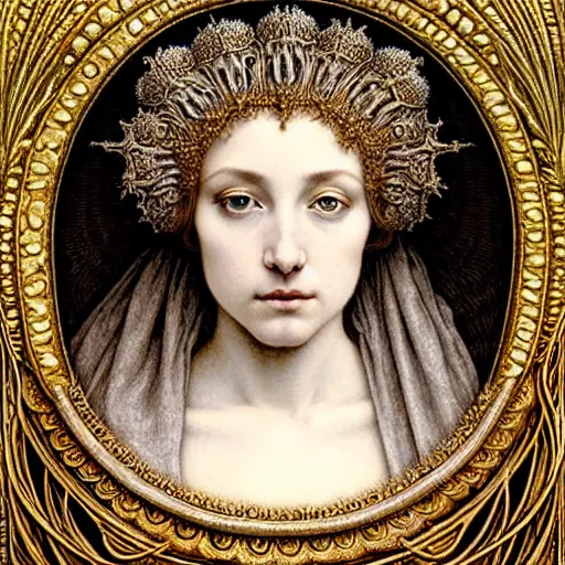 Prompt: detailed realistic beautiful young medieval queen face portrait by jean delville, gustave dore, iris van herpen and marco mazzoni, art forms of nature by ernst haeckel, art nouveau, symbolist, visionary, gothic, pre - raphaelite, horizontal symmetry, fractal lace, realistic ornate gilded medieval icon