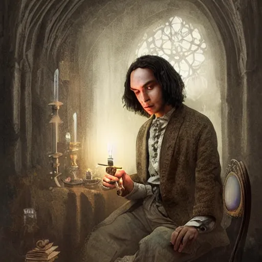 Image similar to Frank Dillane with a crystal ball conducting a seance, intricate, digital painting, old english, victorian, sepia, whimsical background by marc simonetti, artwork by liam wong