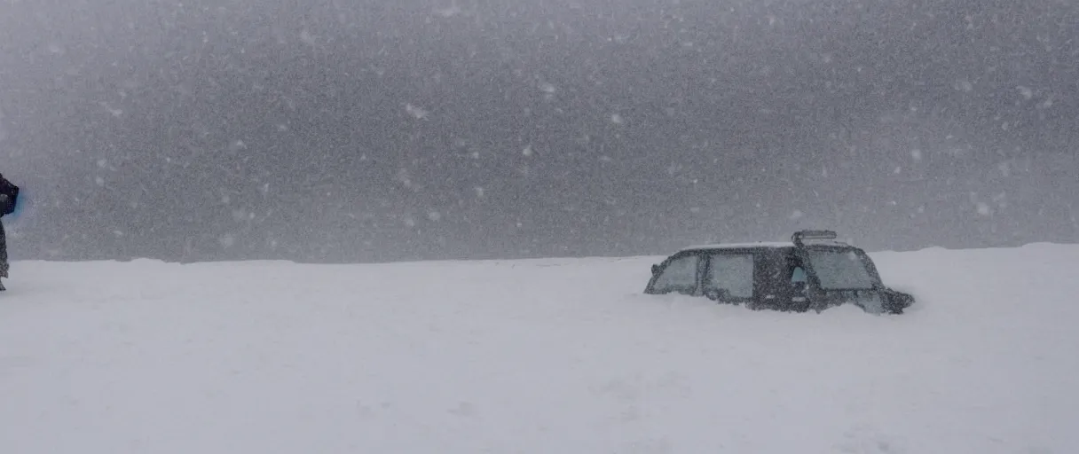 Image similar to a high quality color closeup hd 4 k film 3 5 mm photograph of very heavy snow storm blizzard in desolate antarctica, the faint barely visible silhouette of a bulky man is inside the blizzard